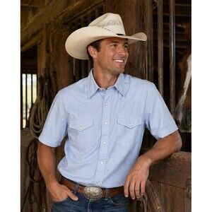 Vtg Chambray Men's Western Shirt L WILLIAMS BAY Short Sleeve Pearl Snap Blue USA